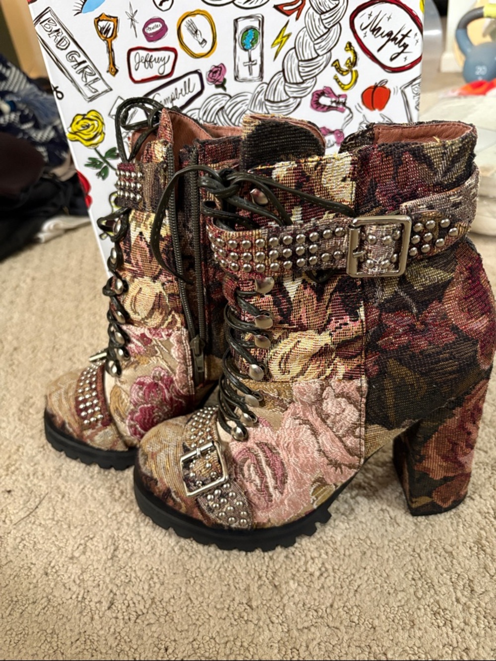 Jeffrey Campbell Floral Tapestry Combat Boots - Pink, Brown & Gold - Picture 5 of 7